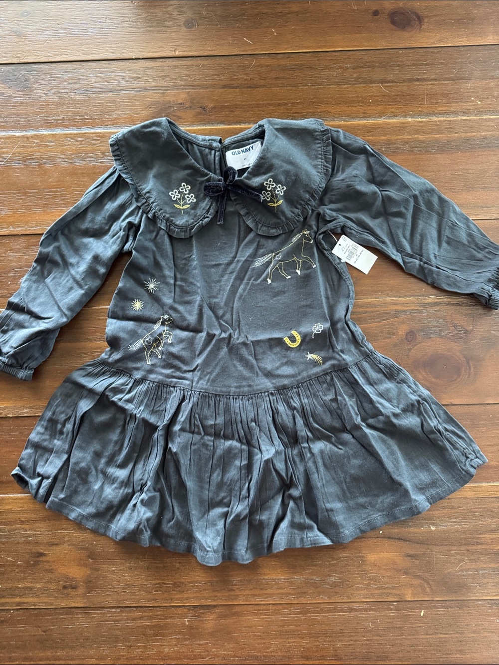 Old Navy Charcoal Long-Sleeve Dress with Horse Embroidery